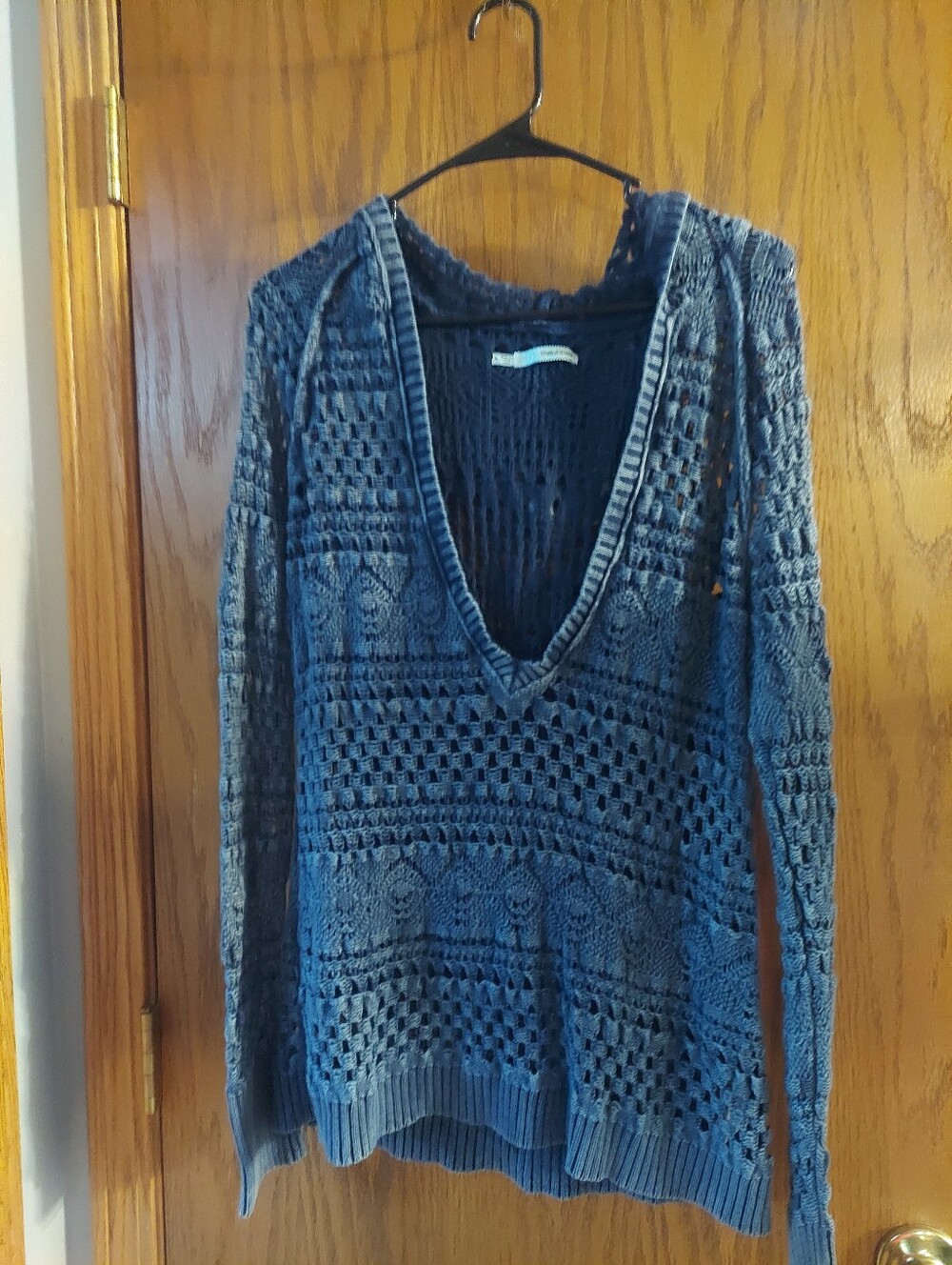 Maurices Blue Open Knit Hooded Pullover Sweater Boho Crochet Size XL